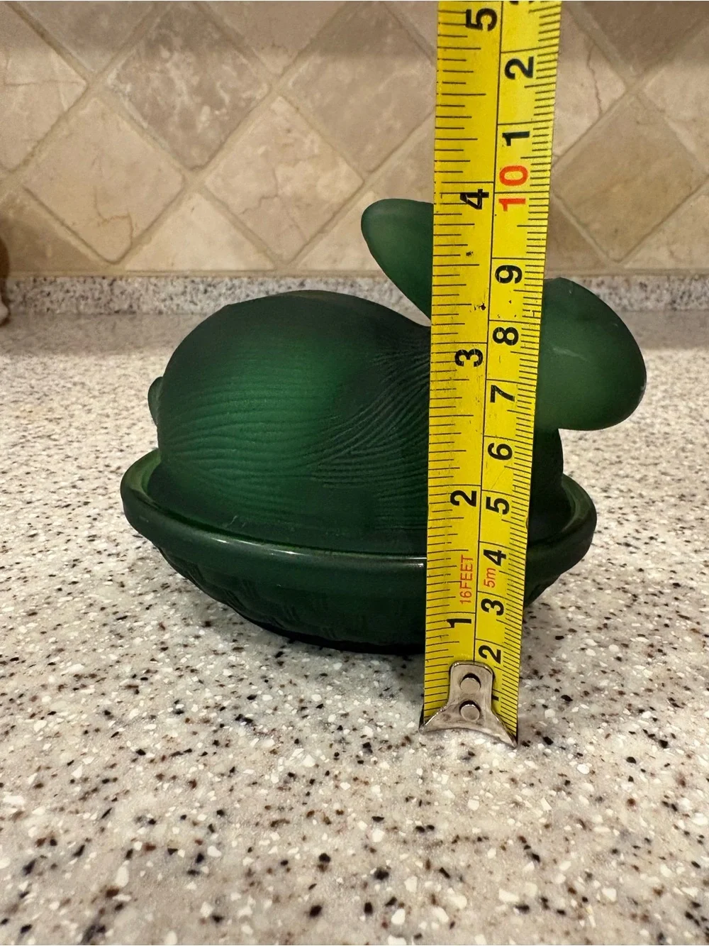 Frosted dark green glass rabbit candy dish